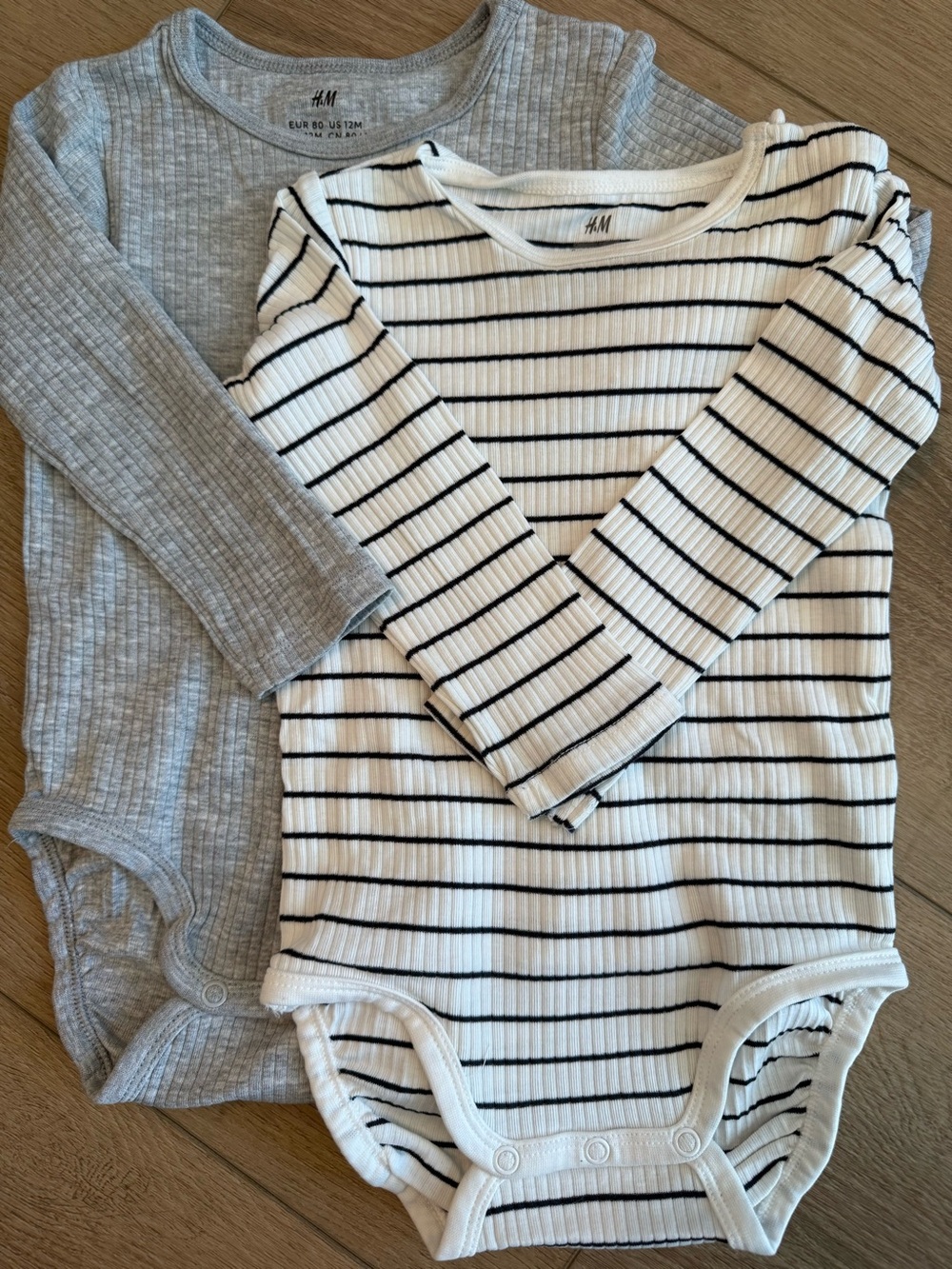 H&M Long-Sleeve Ribbed One-Piece Bodysuit - White/Black Stripe & Light Gray